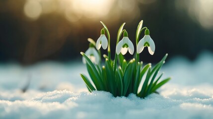 Group of snowdrops blossoming through a snowy meadow, delicate white petals gently swaying in the cold breeze, soft sunlight reflecting off the snow 