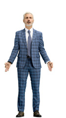 A man, full-length, on a white background, meditating