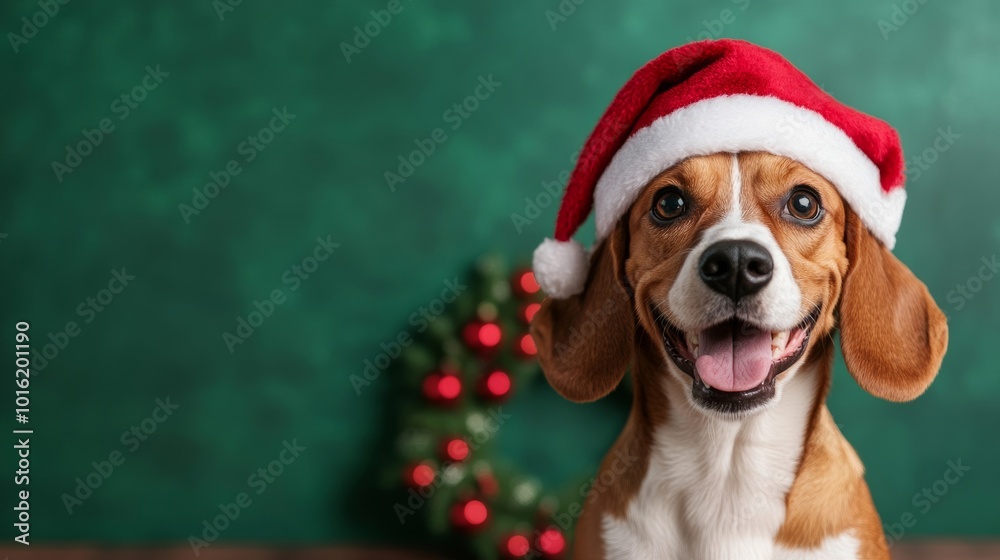 Sticker Happy beagle wearing a Christmas hat sitting beside a wreath on a forest green-to-red gradient background 