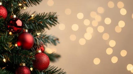 Obraz premium Holiday tree adorned with festive red decor and twinkling lights, bokeh sparkle lighting up a beige canvas background 
