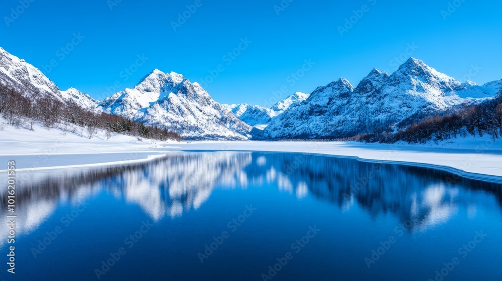 Sticker Jagged snow-capped mountains reflected in a frozen lake with clear skies and a serene winter landscape 