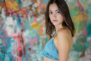 Naklejka premium Young woman is wearing a blue bikini top