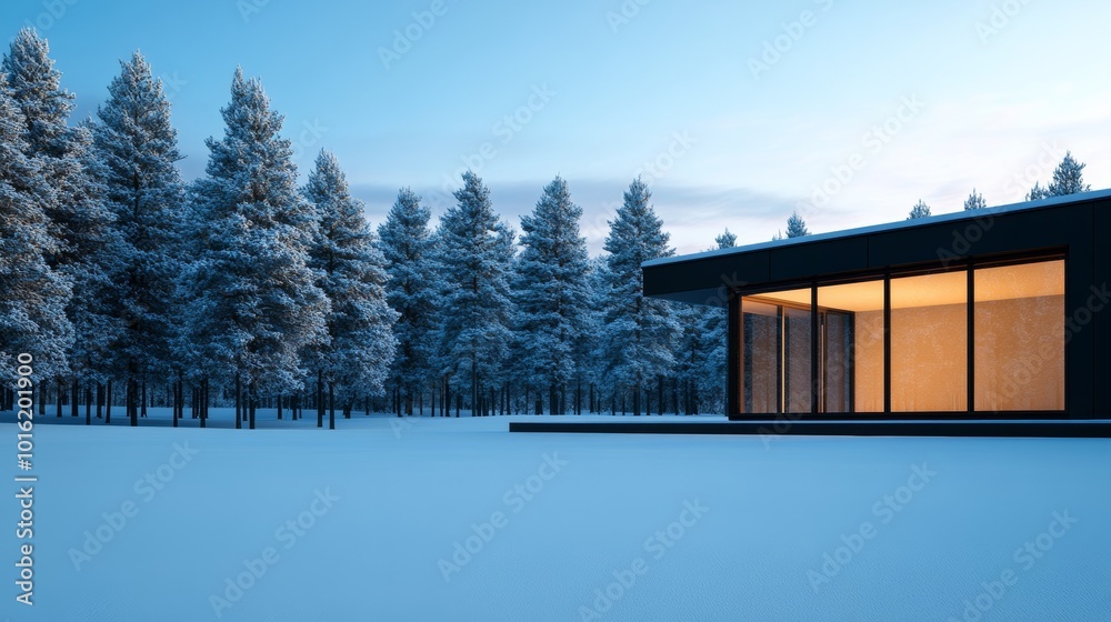 Wall mural Large glass window of a contemporary cottage framing a peaceful winter forest, snow-covered trees glowing softly in the warm morning sunlight 