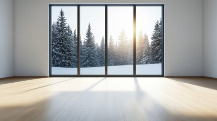 Large modern window showcasing a sunlit snowy forest, golden rays filtering through the trees, snow softly glowing in the peaceful winter morning 