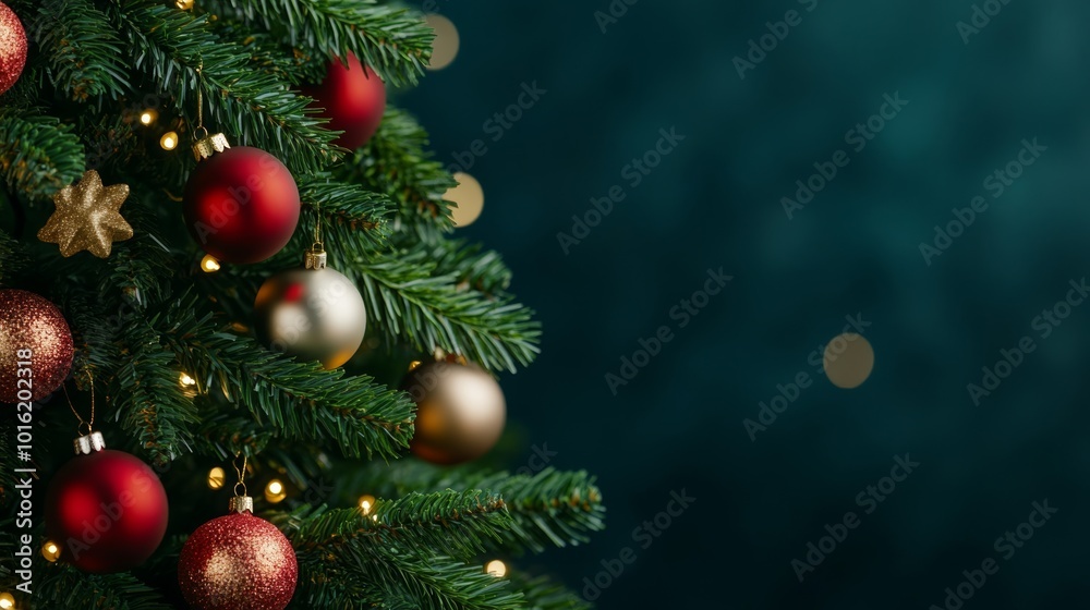 Wall mural Lush green Christmas tree with glowing golden lights and red ornaments, soft blurred background creating a festive atmosphere 