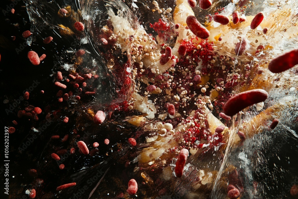Poster An explosive burst of colors and textures with various small objects flying through the air, captured in a striking and energetic freeze-frame photography style.