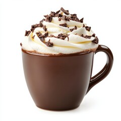 Luxurious hot cocoa mug with whipped cream and chocolate shavings overflowing from the top isolated on white background 