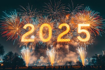 Futuristic 2025 New Year Celebration: Holographic Fireworks, Augmented Reality, and High-Tech Countdown in a Cyberpunk City