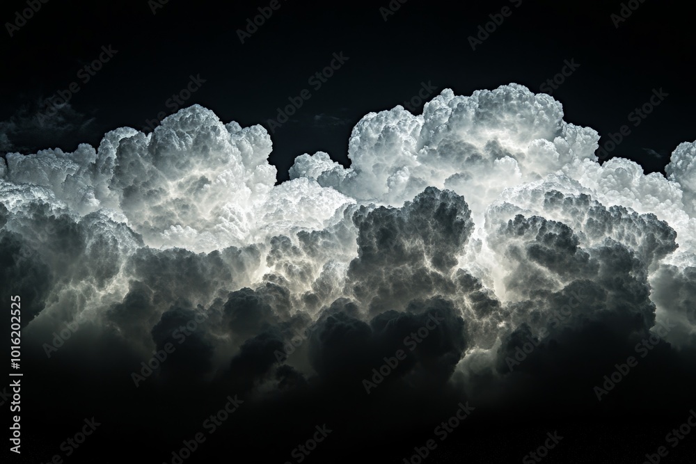Poster A cluster of cumulus clouds is beautifully illuminated, creating a dramatic yet serene atmosphere with its rich textures and play of light, offering a sense of tranquility.