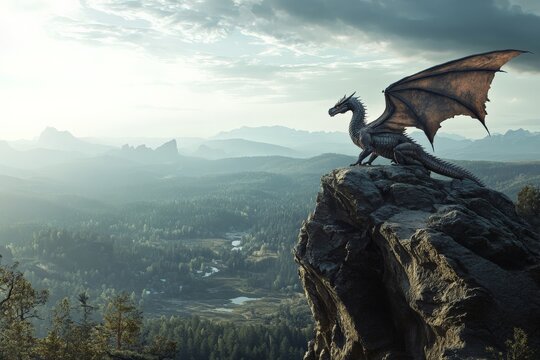 A majestic dragon sits regally on a rocky cliff, overlooking a sweeping landscape of forests and valleys, symbolizing solitude, power, and fantasy grandeur.