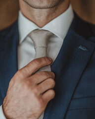 Man adjusting tie in blue suit against blurred background