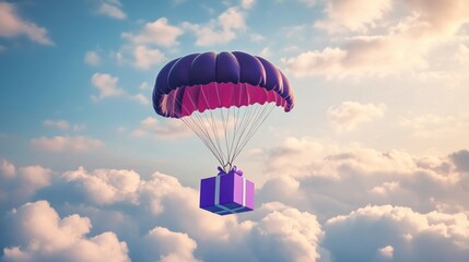 Red parachute carrying purple gift box flying through clouds