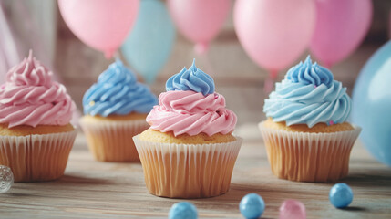 Pink and blue frosted cupcakes with balloons in background