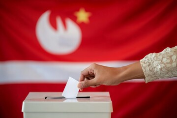 Obraz premium A voter’s hand is seen placing a ballot into a voting box situated before a national emblem, epitomizing the collective civic duty and democratic spirit of elections.