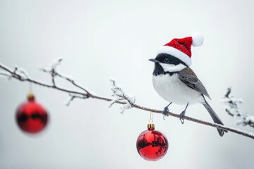 A joyful chickadee wearing a Santa hat sits atop a frosty branch with red baubles, encapsulating...