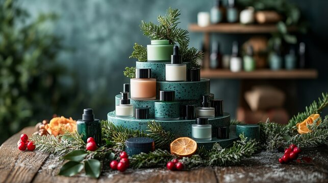 Holiday skincare tree made from natural products with festive decorations on display