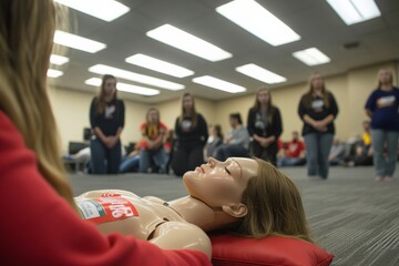A group of people, predominantly young adults, participate in a CPR class, practicing resuscitation techniques on a medical training mannequin with intense focus.