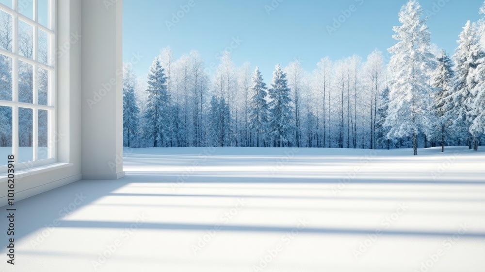 Canvas Prints Modern cottage window with a view of a serene snowy forest, sunlight streaming through frosted branches, casting gentle shadows on the snow 