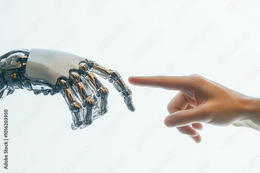 Poster a human fingertip is almost touching a shiny robotic hand, highlighting the intersection of human to