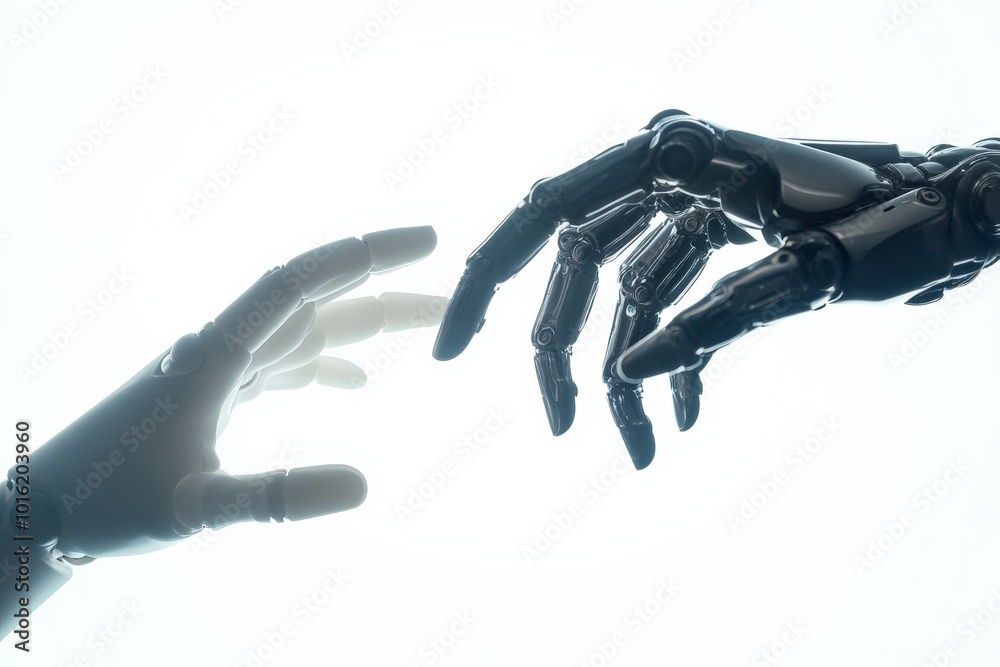 Poster Two robotic hands are depicted almost reaching each other in bright lighting, creating a sense of tension and intrigue, emphasizing technological advancements.