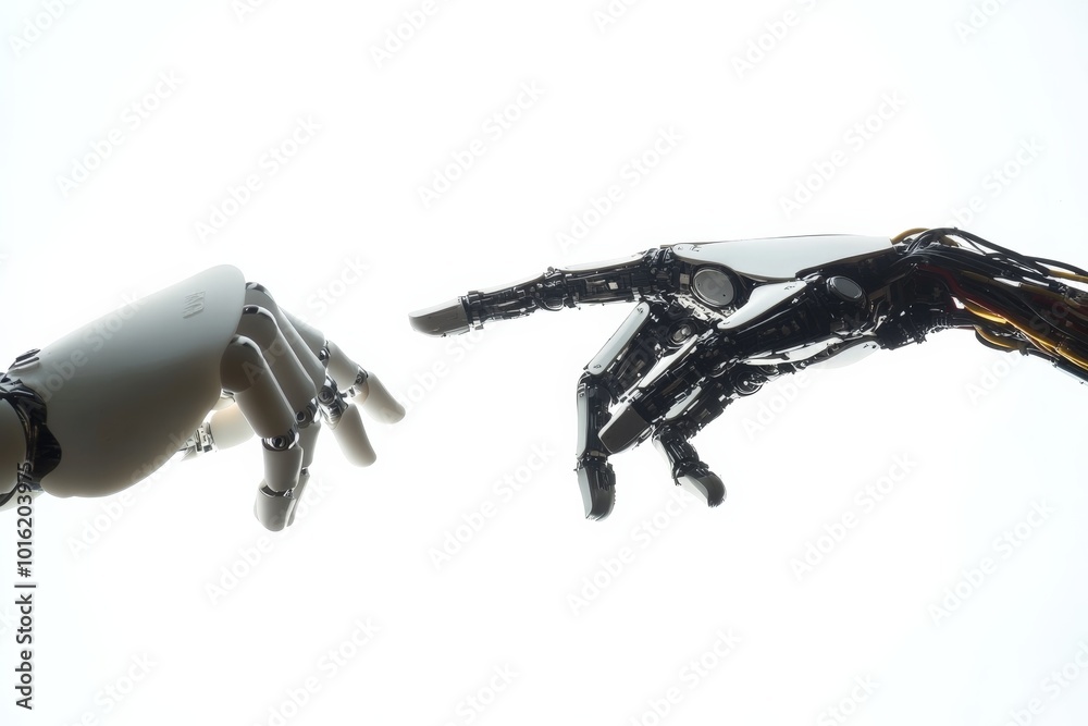 Poster Two robotic hands engage in a near-touch gesture under white illumination, evoking a powerful theme of potential and synergy, within advanced technological realms.