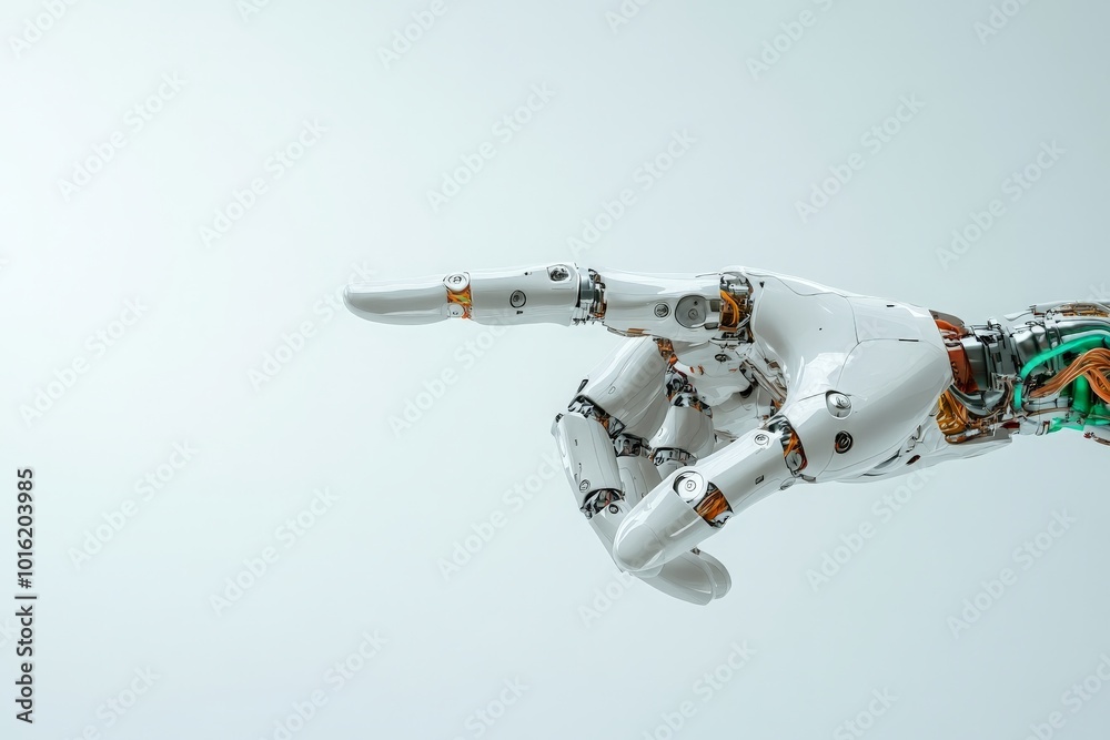 Aufkleber A white robotic hand is depicted pointing forward against an unobtrusive background, emphasizing directive motion and the futuristic role of robotics in directionality.