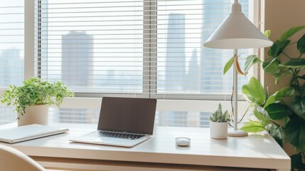 Fototapeta premium A minimalist workspace with a laptop and potted plants bathed in daylight, exuding an elegant balance of productivity and tranquility.
