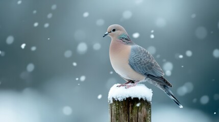 Fototapeta premium Mourning dove perched on a snow-covered fence post, soft grey feathers blending with the muted winter palette, flakes gently falling from the cloudy sky 