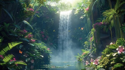 Obraz premium A mystical jungle retreat with dense, verdant foliage and ancient trees intertwined with hanging vines, a hidden waterfall cascading into a serene pool surrounded by vibrant tropical flowers.