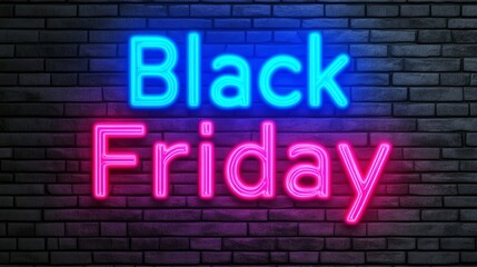 Obraz premium Neon blue and pink digital glitch pattern over a dark background with Black Friday in bold cyberpunk style text 
