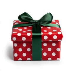Playful Christmas gift covered in red polka dot paper with a green satin ribbon isolated on white background 