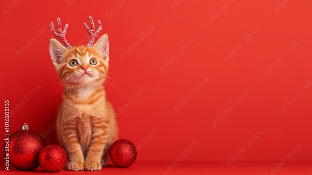 Wall mural Playful kitten wearing reindeer antlers sitting beside Christmas ornaments on a warm red-to-orange gradient background 