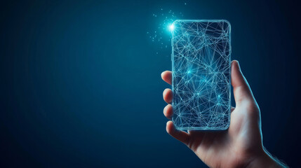 A man's hand holding a smartphone in an abstract polygonal wireframe style. The mobile phone features a blank white screen, representing a communication app concept. Isolated on a blue background. Vec