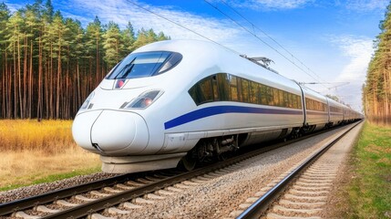 Naklejka premium A sleek modern train moves smoothly along rail tracks, surrounded by a stunning autumn forest that showcases rich colors and a tranquil Russian landscape in the distance