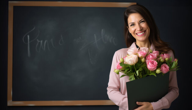 A smiling teacher stands warmly in front of a chalkboard, holding a bouquet of flowers, embodying appreciation and the joy of teaching. - Powered by Adobe