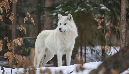 Naklejka premium A majestic white wolf standing amidst a snowy forest