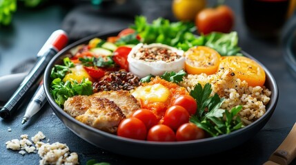 A vibrant mixed salad bowl with veggies, grains, and protein served for lunch