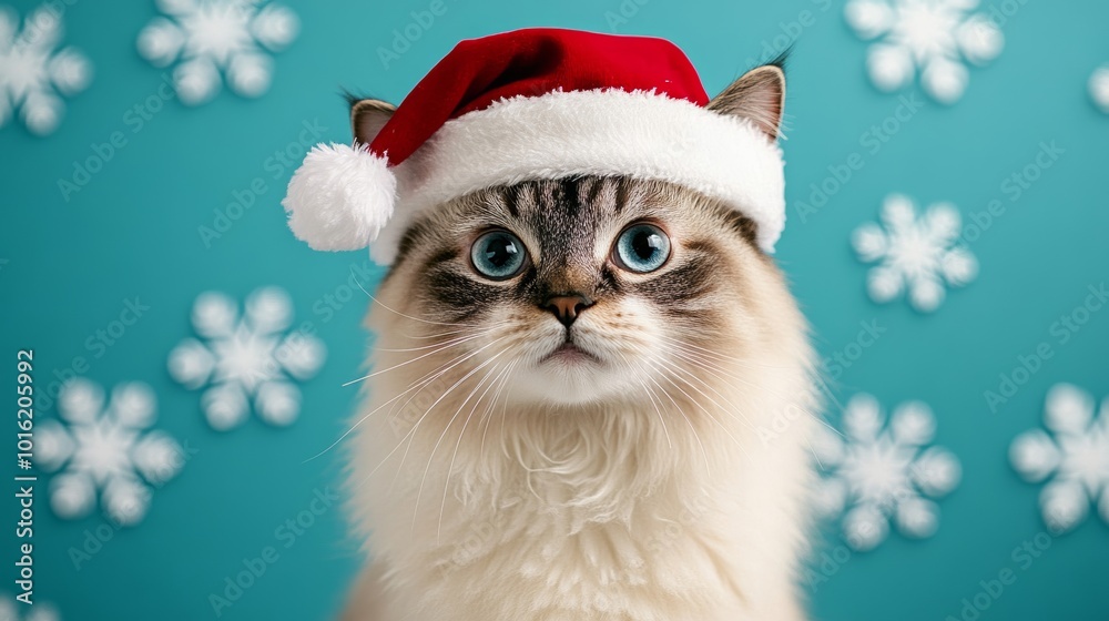 Canvas Prints Ragdoll cat in a Santa hat surrounded by festive snowflakes on a frosty blue-to-teal gradient background 