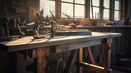 A rustic workbench is illuminated by gentle light, displaying well-used tools that hint at creativity and craftsmanship in a cozy workshop setting.
