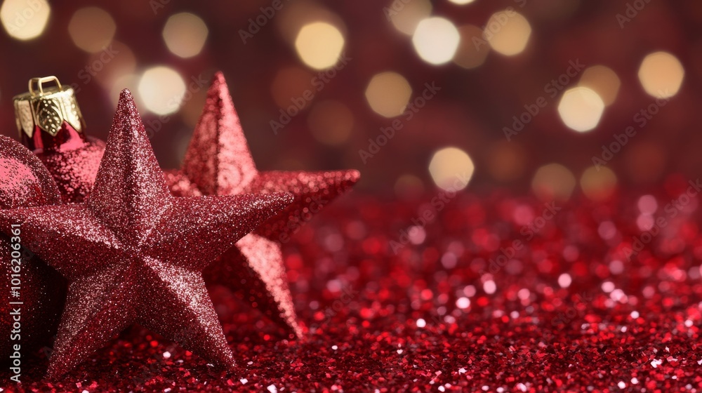 Sticker Red holiday glitter with glowing gold stars, blurred texture adding festive warmth and holiday spirit 