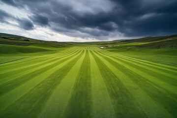 Pristine golf course fairway with meticulously striped grass, surrounded by lush hills under a dramatic, cloudy sky.