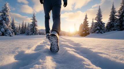 Running legs in grey sport shoes creating a trail of kicked-up snow, frosted pine trees lining the snowy path, bright winter sun breaking through clouds 