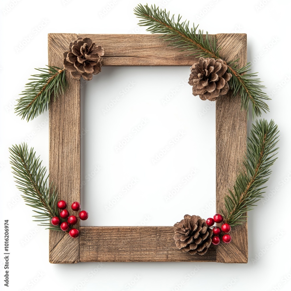 Canvas Prints Rustic wooden Christmas picture frame adorned with pinecones and red berries isolated on white background 