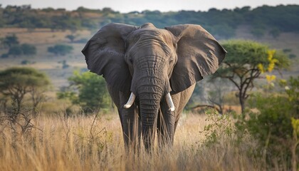 Fototapeta premium A majestic elephant standing amidst tall golden grasses, with its large ears spread out