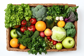 Wicker basket filled with a variety of fresh fruits and vegetables, including lettuce, broccoli, tomatoes, oranges, apples, grapes, cucumber, cabbage, and zucchini.