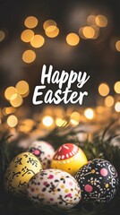 Decorative Easter eggs are resting on green grass, illuminated by a warm, festive background