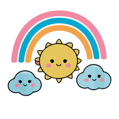 Smiling clouds and rainbow in a kawaii style doodle illustration, featuring a cute cartoon character