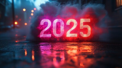 Digital smoke envelops illuminated 2025 in an urban alley during evening hours