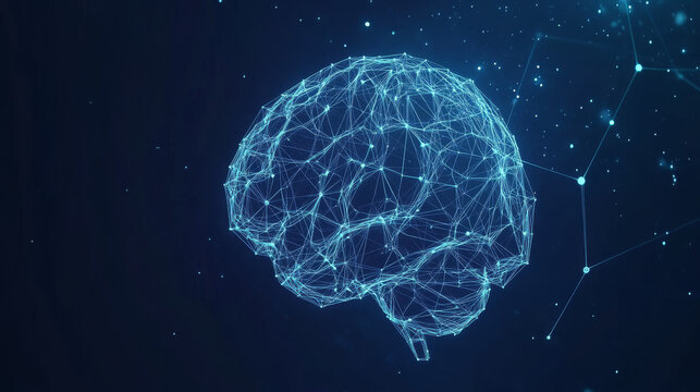 A human brain depicted in a wireframe low poly style, symbolizing business ideas. This abstract modern 3D vector illustration features a glowing low poly brain against a dark blue background.

