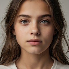 Fototapeta premium portrait of young girl with natural look, close-up face on neutral background highlighting innocence and youth 